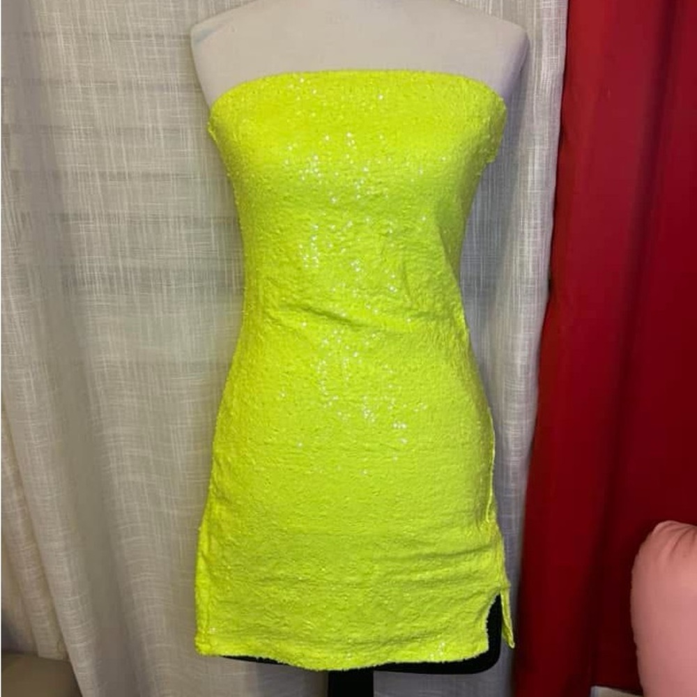 Neon Yellow Strapless Sequin Dress